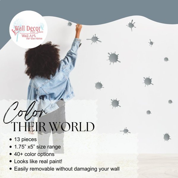 Paint Splatter Decal Set - Metallic Silver Paint Splash Stickers - Removable Paint Splatter Stickers - Wall Decals Peel and Stick Kids -Daycare Decor Art Classroom Decor Kids Bathroom Sets - 13pc