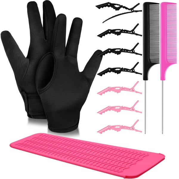 Skyley Hair Styling Tools Hair Iron Set, Includes 3 Finger Heat Resistant Gloves, Silicone Mat, 6 Hair Clips, 2 Styling Combs for Curling Iron Wands