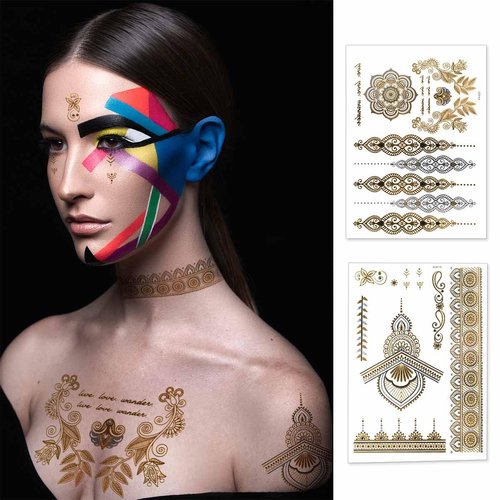 12 Sheets Flash Gold Metallic Temporary Tattoos for Women Girls Waterproof Gold Silver Tattoo Stickers for Beach Festivals Parties Long Lasting Nontoxic Glitter Fake Tattoos Exquisite Designs