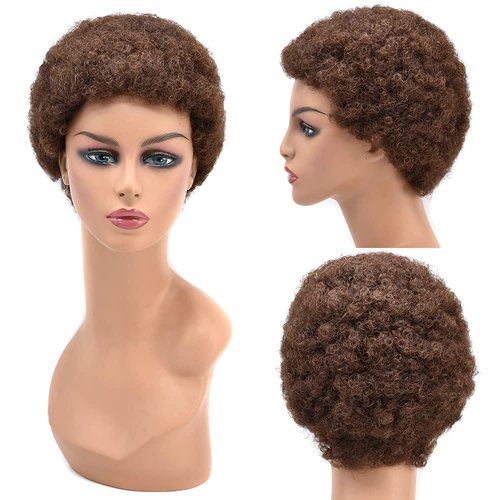 Curve Hair Afro Kinky Curly 100% Human Hair Wigs for Black Women Short Black Brown Full Wave Curs Wig with Hair Bangs (#4 Medium Brown)