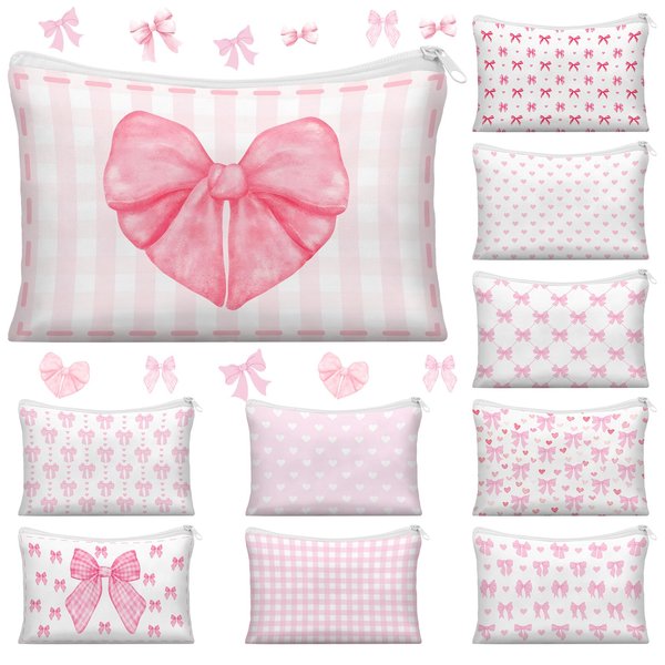 Reginary 10 Pack Coquette Pink Bow Comestic Bag for Woman Christmas Pink Aesthetic Makeup Bag Lovely Heart Preppy Pouch Zipper Coquette Birthday Paty Favor Supplie for Team Besties Family