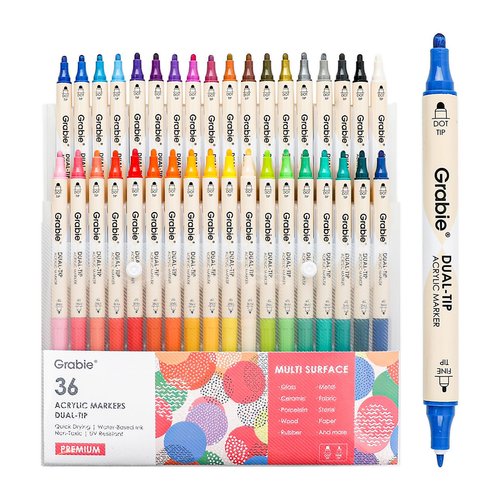 Grabie 36 Colors Dot Paint Acrylic Paint Pens, Acrylic Paint Markers Dual Tip (Fine 1mm + Dot 5mm), Acrylic Markers for Fabric, Canvas, Rock, Glass, Wood, Paper, DIY, Dot Markers for Adults