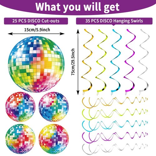 60 Pieces 70s Shining Disco Ball Hanging Swirls Disco Party Decorations 70's Party Swirls Ceiling for Retro Colorful Disco Fever Party Boogie Party 1970s Birthday Party Hippie Party Favors Supplies