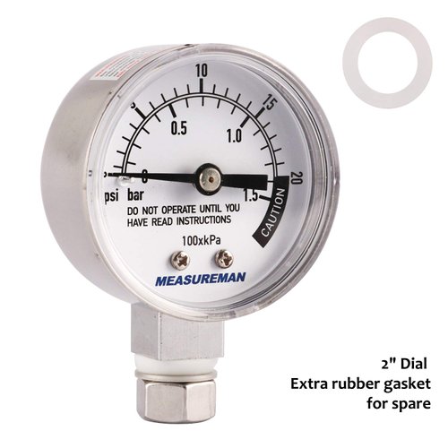 MEASUREMAN Stainless Steel Pressure Cooker Gauge, Pressure Canner Gauge, Steam Pressure Gauge, 2" Dial, Lower Mount, Including Gasket, Washer and Nut