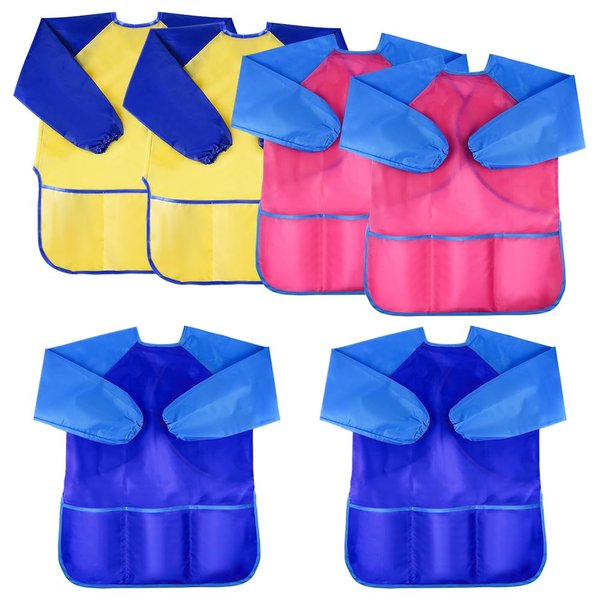 KUUQA 6 Pcs Waterproof Art Smock Kids Art Painting Aprons Long Sleeve with 3 Roomy Pockets, Age 3-6 Years