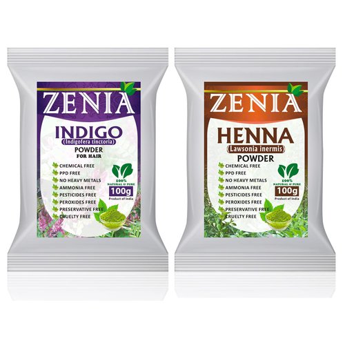 Zenia 100% Pure Indigo Powder and Henna Powder Hair Color Combo Kit | for Coloring Hair and Beard Black | 100 Grams Each | All Natural, Chemical Free, PPD-free, Ammonia-free