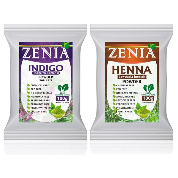 Zenia 100% Pure Indigo Powder and Henna Powder Hair Color Combo Kit | for Coloring Hair and Beard Black | 100 Grams Each | All Natural, Chemical Free, PPD-free, Ammonia-free