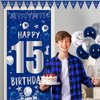 15th Birthday Decorations for Boys Girls, Blue Silver 15th Birthday Decorations Backdrop Banner, Happy 15th Birthday Tablecloth, Number 15 Hanging Swirls, Triangle Flag, 15 Years Old Party Supplies