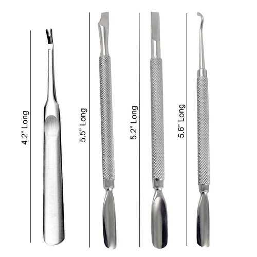 Cuticle Pusher Dual Sided - Sharp Edge Spoon Shaped Double Ended Ingrown Toenail Lifter Remover Trimmer Surgical Medical Grade Stainless Steel Manicure Pedicure Nail Art Care Tools (4 Pc Set) By Krisp