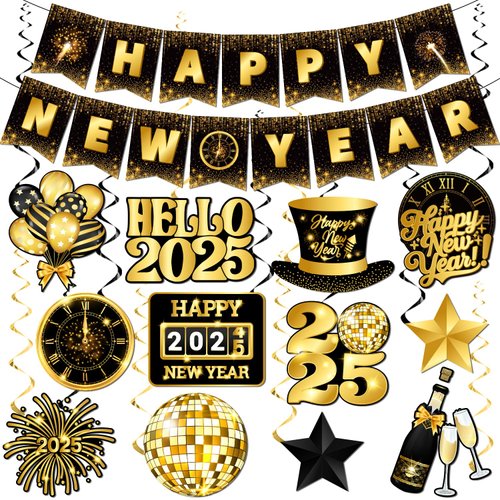 Happy New Year Decorations 2025, New Year Eve Party Supplies Includes Happy New Year Banner and New Years Hanging Decorations,Black Gold New Years Party Decorations for New Years Celebration Party