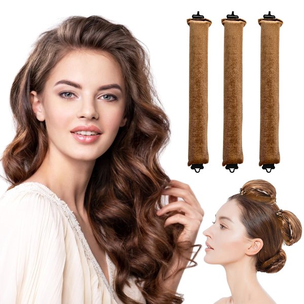 Heatless Hair Curler Set - Heatless Curls Overnight No Heat Hair Rollers, Flexi Rods Heatless Curling Rods with Hook Hair Curlers Soft Heatless Curls for All Hair Types Heatless Curlers-3PCS Khaki