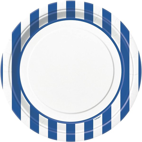 Unique Royal Blue Stripes Round Dinner Paper Plates-9" 8 Pcs