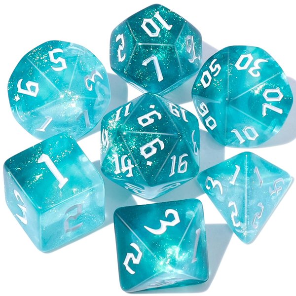 CiaraQ DND Polyhedral Dice Set for Dungeons and Dragons RPG MTG Role Playing Table Games-with 1 Dice Pouch (Aquamarine + Glitter)