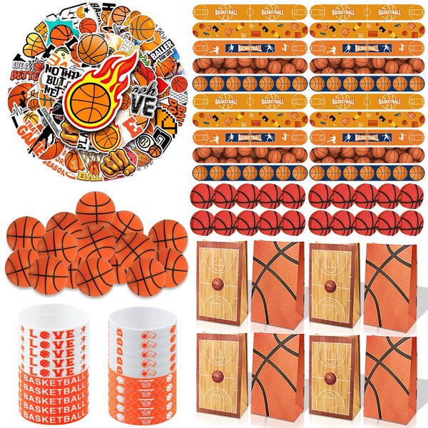 PIXHOTUL Basketball Party Favors, 150Pcs Basketball Party Supplies Gift Set for 20 Kids Students, Including Basketball Stree Balls, Gift Bags, Silicone Wristbands Basketball Theme Stickers, Erasers