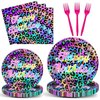 96Pcs Cheetah Print Birthday Party Plates and Napkins Neon Rainbow Leopard Birthday Themed Party Decorations Cheetah Girl's Sparkly Splatter Tableware Set for 24 Guests Baby Shower Birthday Supplies