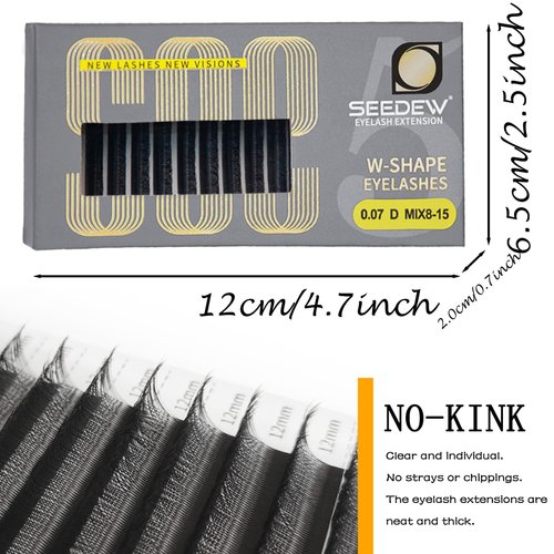 SEEDEW 5D Lash Extensions, 0.07mm C Curl MIX8-15mm 12 Rows/Tray, W Shape Flat Stem, Korean PBT Volume Eyelash Grafting for Beginner Artist, Lash Tech, Beauty Salon(5D-Matte Black-0.07-C-MIX8-15mm)