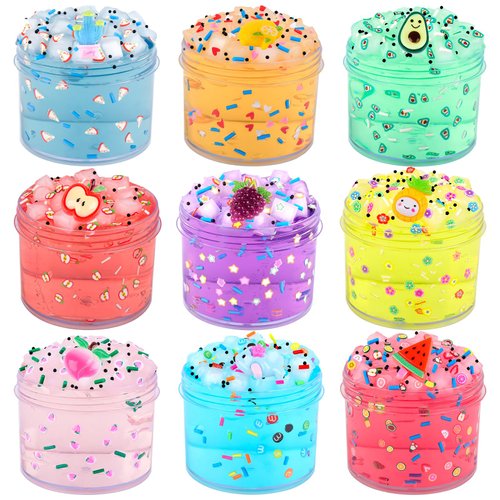 Jelly Cube Clear Slime Kit 9 Pack for Kids, Crunchy Slime, Stress Relief Toy, Party Favors for Girl Boys 6 7 8 9 10 11 12