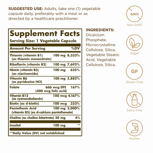 Solgar B-Complex 100" - 100 Vegetable Capsules, Pack of 2 - Energy Metabolism, Nervous System Support - Non-GMO, Vegan, Gluten Free - 200 Total Servings