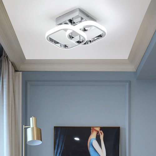 CANEOE Led Hallway Ceiling Light Fixtures, Square Modern Lamp, 6000K Chrome Finish Indoor Lighting Fixture for Living Room Bedroom Kitchen Bathroom Lights