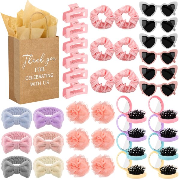 CraftyDream 6 Sets Baby Shower Prizes for Game Winners Thank You Gift Bags with Tissue Paper Sunglasses Square Hair Clip Hair Scrunchies Headband Bath Sponges for Baby Shower Bridal Shower Game Gifts