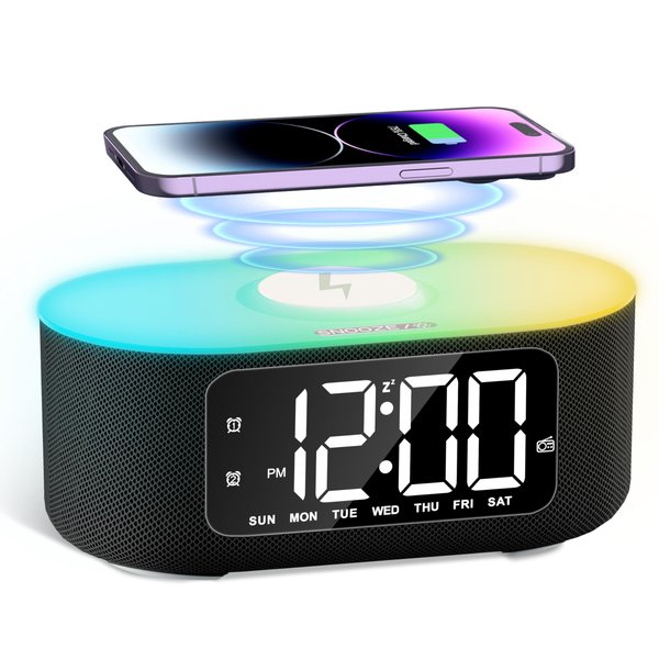 JALL Fabric Alarm Clock for Bedroom, with Big Led Screen Display, Bluetooth Stereo Sound Speaker, FM Radio, Fast Wireless Charging, USB Charging Port, Nightlight, White Noise, Ideal for Gift, Black
