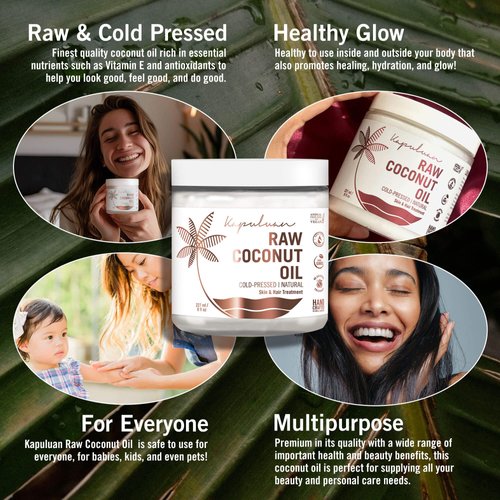 Kapuluan Organic Coconut Oil for Hair, Skin – Raw Extra Virgin Coconut Oil - Pure Unrefined Cold Pressed Oil with MCTs for Body Care or Haircare, Hair Growth, Aceite de Coco Organico, Baby, Dogs, Pets