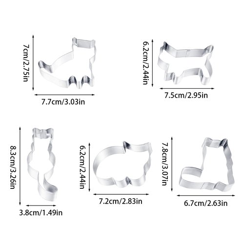 5 Pcs Cat Cookie Cutter, Safe Stainless Funny Cookie Cutters with 5 Different Cat Shapes Reusable Washable Cookies Cutter Set for Kitchen Baking Dessert Making