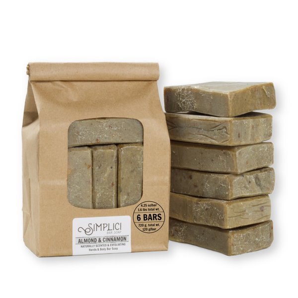 Simplici Almond, Cinnamon & Oatmeal Natural Soap (exfoliating + pure essential oils) 6 Bar Value Bag. Palm Free.