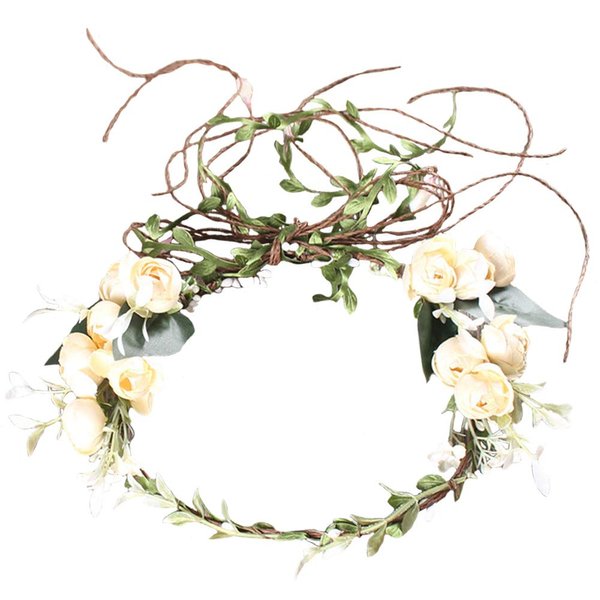 Rose Flower Headband Floral Leaf Crown Hair Bands Leaves Berry Vine Wreath Women Wedding Bridal Hair Hoop Boho Hairband Headpiece Party Decoration Cosplay Costume Cute Handmade Hair Accessories Beige