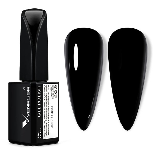 VENALISA 15ml Black Gel Nail Polish, Black Gel Polish Color Soak Off UV LED Nail Gel Polish Nail Art Starter Manicure Salon DIY at Home, 0.53 OZ