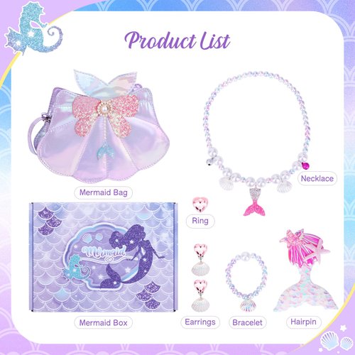 Belle&Birdie Little Girl Purse with Seashell Toys, Toddler Purse with Pretend Play Toys, 6 Pcs Dress Up Jewelry Accessories for Girls, Kids, Toddler