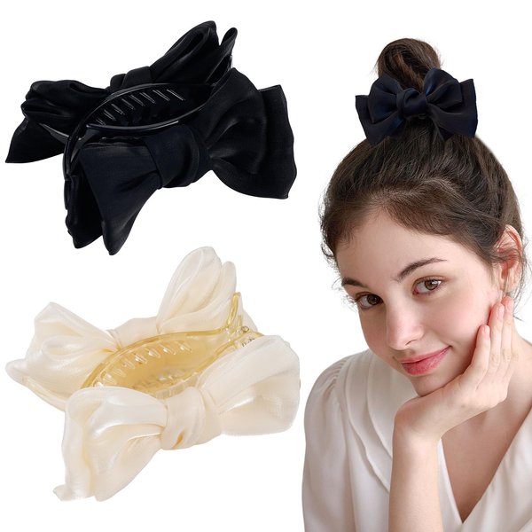 2Pcs Bow Hair Clips for Women Girls Black White Bowknot Claw Clip for Long Curly Thick Thin Hair Cute Ponytail Holder Nonslip Bun Barrettes Jaw Strong Hold Hair Catch Clamps Hair Accessories