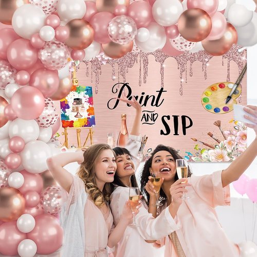 MEHOFOND Paint and Sip Party Decorations for Adults Sip and Paint Kit Happy Birthday Party Rose Gold Balloon Arch Kit Sip and Paint Party Supplies for Date Night Art Painting Set 111 Pcs