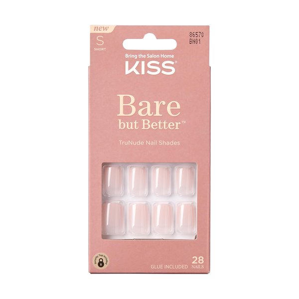 KISS Bare but Better Press On Nails, Nail glue included, Nudies', Nude, Short Size, Squoval Shape, Includes 28 Nails, 2g glue, 1 Manicure Stick, 1 Mini File