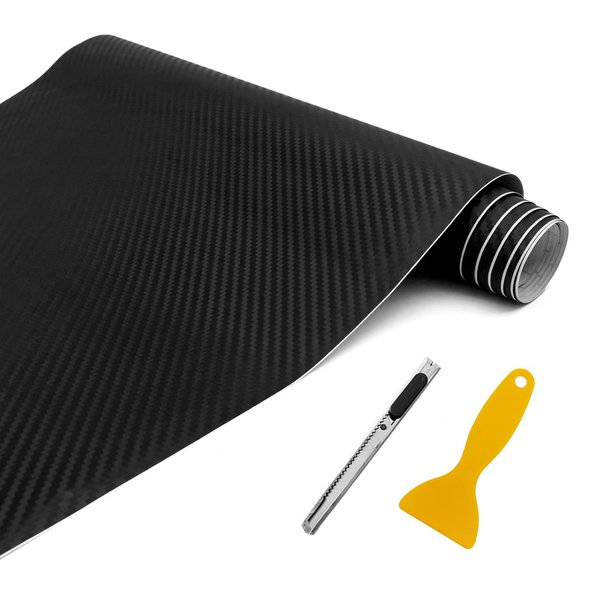 3D Matte Twill Carbon Fiber Car Vinyl Wrap, 12 x 60 inches Outdoor Rated for Automotive Use, Contain Knife and Hand Tool, Black