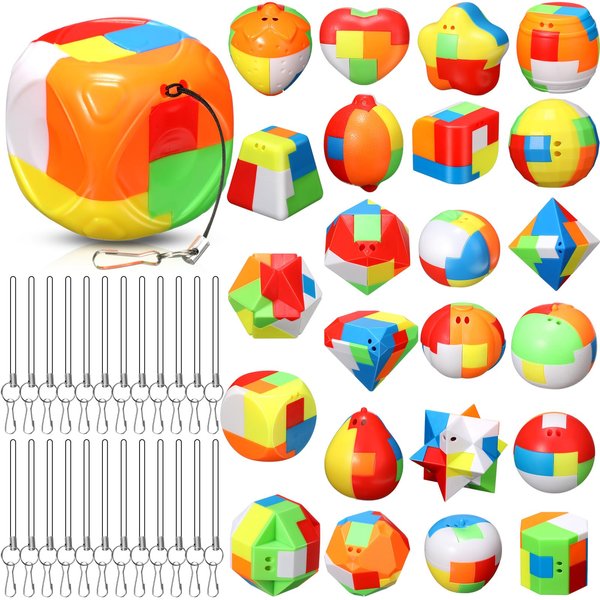 Syhood 24 Pieces Brain Teaser Puzzles for Kids and Adults Mind Game Puzzle Set,3D Plastic Unlock Interlock Puzzle Toy,Cube,Ball, Barrel,Interlocking Sensory Educational Toys for Mind, IQ, Logic Test