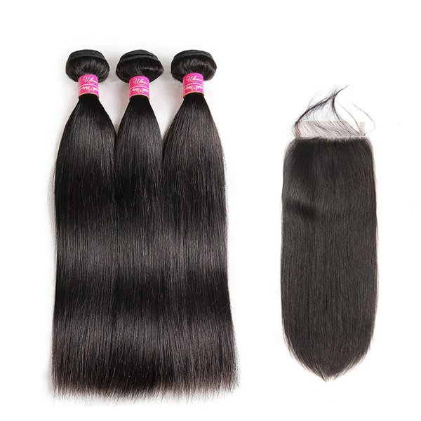 Brazilian Straight Bundles With Closure 3 Bundles Unprocessed Virgin Human Hair Bundles With Free Part Lace Closure Hair Extensions Natural Color (22 24 26+20", Free Part)