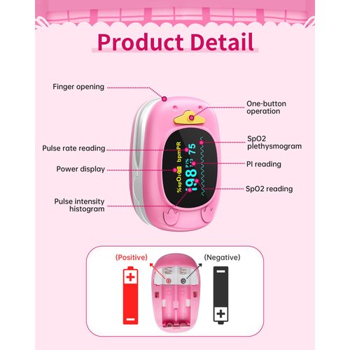 Child Pulse Oximeter, Oxygen Monitor for Kids Baby and Blood Oxygen Saturation Heart Rate Monitor with Automatic Shut-Down, One Directions OLED Display, Include 2 X AAA Batteries