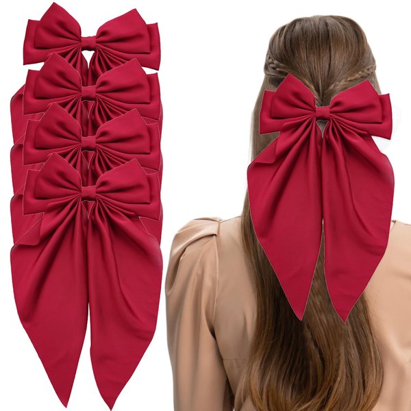 4 PACK Red Satin Bows Hair Barrettes, Hair Bows for Women, Hair Bow with Long Tail, Long Tail Valentine's Day Hair Accessories, Hair Accessories for Girls