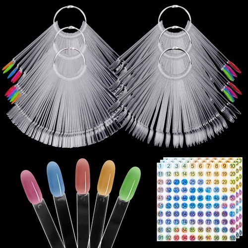 IBEQUEM 300Pcs Clear Nail Swatch Sticks with Ring, 2 Styles Fan-Shaped Nail Art Polish Display Tips, False Nail Sample Sticks, Nail Practice Color Display Polish Board for Nail Art Polish, Salon, DIY