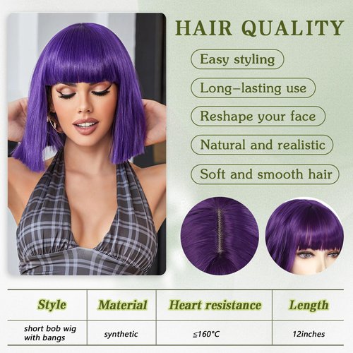 Angzon Purple Bob Wigs with Bangs Short Straight Bob Wigs For Women Shoulder Length Synthetic Bob Wigs For Halloween Daily Party Cosplay