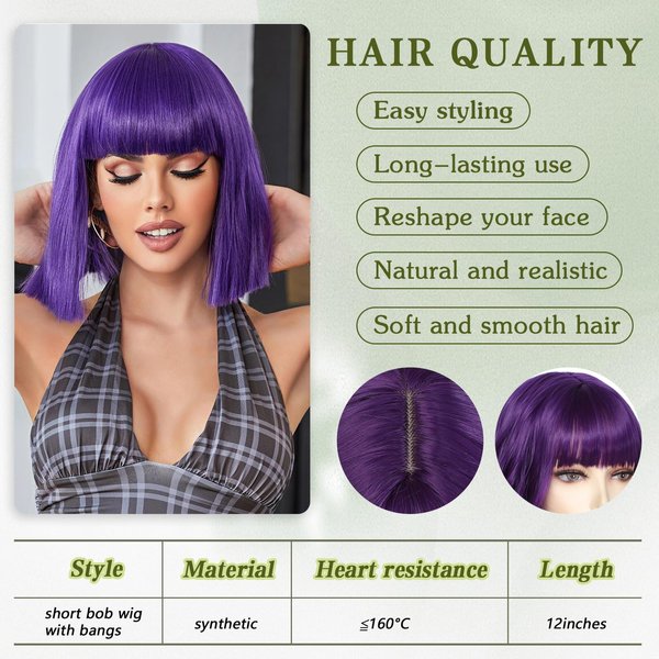 Angzon Purple Bob Wigs with Bangs Short Straight Bob Wigs For Women Shoulder Length Synthetic Bob Wigs For Halloween Daily Party Cosplay