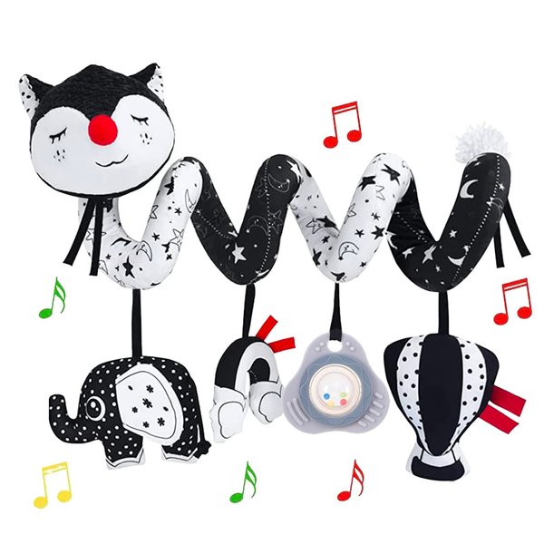ORZIZRO Car Seat Toys, High Contrast Black and White Toys for Infants 0-3 6 12 Months, Musical Black Fox Carseat Toys Stroller Toys for Babies Newborns