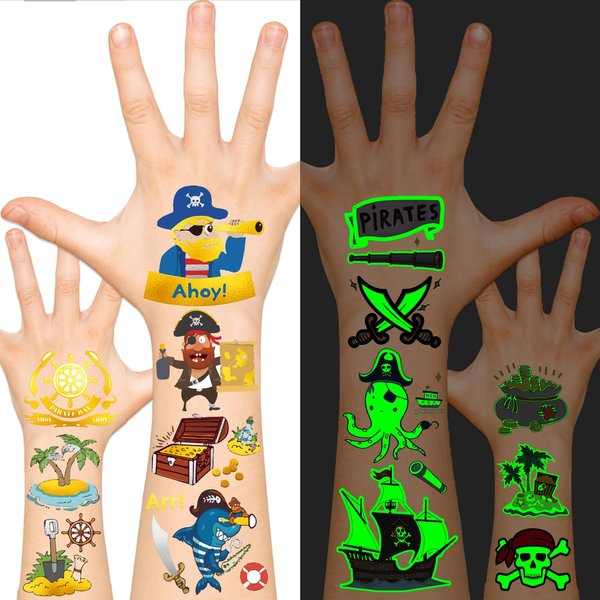 EMOME Temporary Tattoo - Glow + Metallic Glitter Style Tattoos for Kids Party Supplies, Temp Tattoos Sticker for Boys Girls, Birthday Party Favor Decorations Accessories (Pirate)