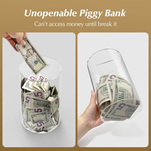 ARIAL Piggy Bank for Adults Break to Open, Clear for Savings Cash and Coin, Perfect Size 8" H x 5" Diameter for Kids Birthdays Home Decoration (Medium)