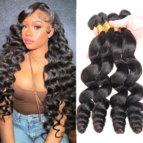 Human Hair Bundles Loose Wave 4 Bundles (14 16 18 20 Inch) 12A Grade Brazilian Virgin 100% Unprocessed Human Hair Loose Wavy Bundles Natural Black Weave Human Hair Extensions