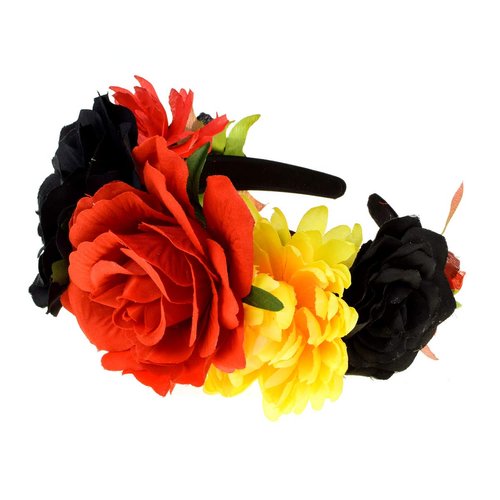 Floral Fall Day of the Dead Flower Crown Festival Headband Rose Mexican Floral Headpiece HC-23 (Red Black Yellow)