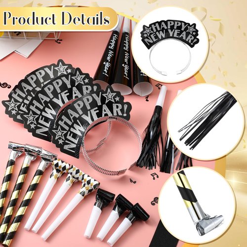 Lenwen 18 Pcs Happy New Years Eve Party Supplies 2025 Noise Makers New Year Headband Tiara Party Horn Blowers Whistles Fringed Noisemaker Novelty Favors for Adult New Years Eve Decoration(Black)