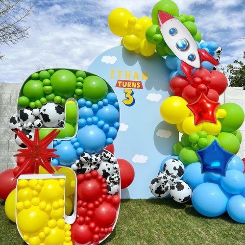 162Pcs Toy Inspired Story Balloon Garland Arch Kit Red Blue Yellow Green Balloon Cow Boy Star Rocket Exploding Star Balloons for Kids Toy Inspired Story Theme Birthday Party Decorations