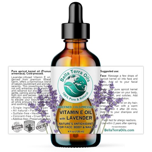 Bella Terra Oils - Lavender Infused Organic Vitamin E Oil 4 oz - D-Alpha Tocopherol Powerhouse, Extracted from Organic Wheat Germ, Lavishly Nourishing Organic Vitamin E for Luxurious Skin
